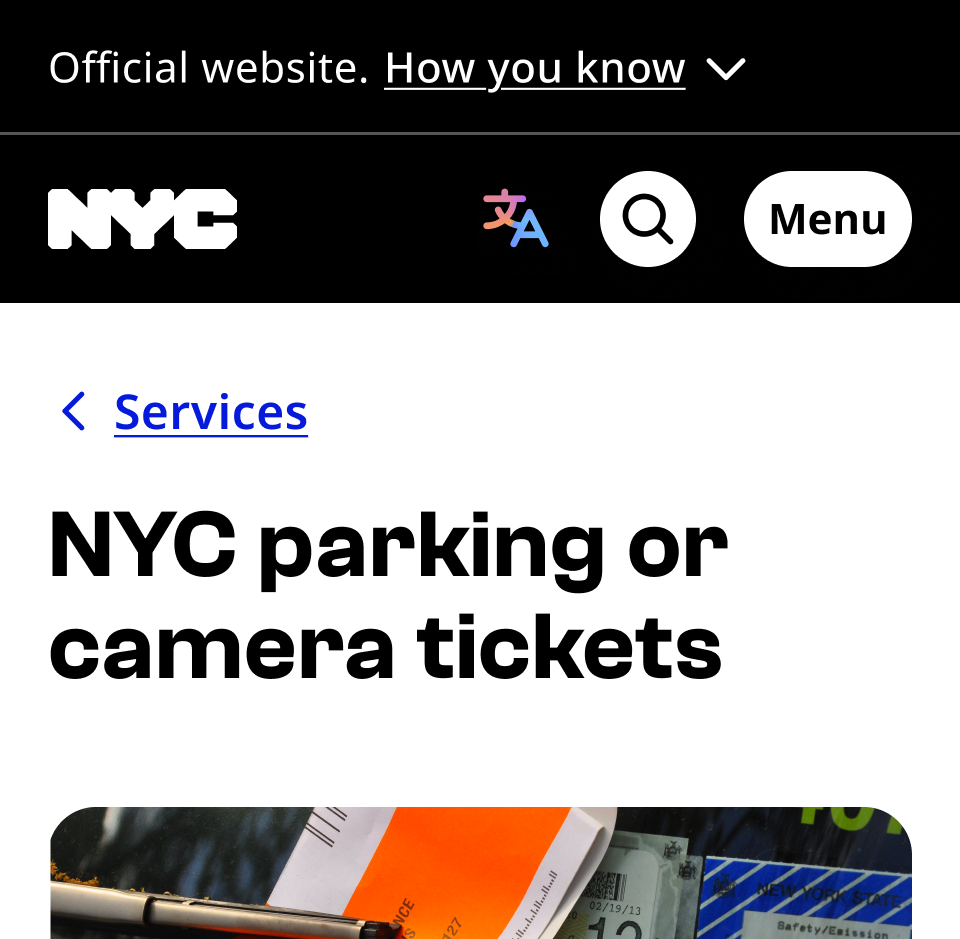 Breadcrumb Services above NYC parking or camera tickets H1 and below the nyc.gov mobile navigation